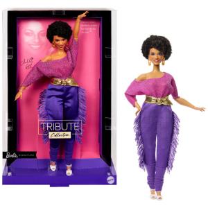 Boneca colecionável Barbie Signature Tribute Debbie Allen com blusa ombro a ombro e calça roxa com franjas 2025