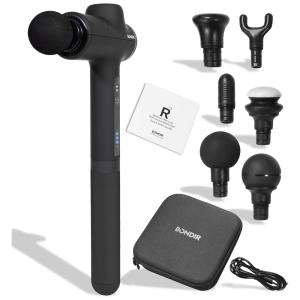 Massageador Pistola Elétrica Profissional Sem Fio com 6 Acessórios e 3 Velocidades, BONDIR R2, Preto