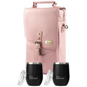 Bolsa Térmica Para Transporte de Vinhos de Couro até 2 Garrafas, com 2 Copos Incluídos, TILVINI TV 01, Rosa