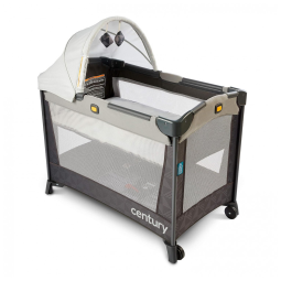 Berço Cercado Portátil 2 em 1 com Lençol Incluído e Dossel com 2 Brinquedos, Century, Cinza