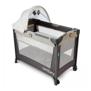 Berço Cercado Portátil 2 em 1 com Lençol Incluído e Dossel com 2 Brinquedos, Century, Cinza