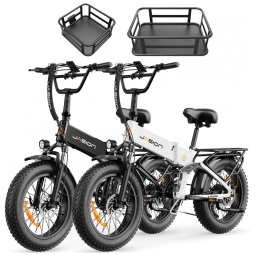 Kit com 2 bicicletas elétricas dobráveis Jasion X-Hunter/Hunter Pro preto e branco, pneus 20x4, motores 1800W e 1400W, baterias 48V15Ah