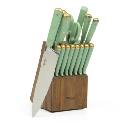 Conjunto de Facas de Cozinha Martha Stewart Lockton 16 Peças Verde Sálvia com Detalhe Dourado e Bloco em Acácia