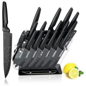 Conjunto de Facas em Aço Inoxidável com Bloco de Bancada, 17 Peças, FEECOOL, Preto