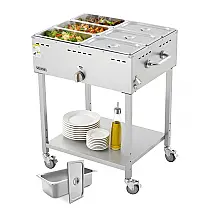 Mesa Aquecedora a Gás VEVOR GBW-6 6 Cubas Inox Válvula de Dreno Rodas Travamento Externo