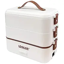 Marmita Elétrica Portátil 1L com Camadas Duplas de Aço Inoxidável, Compartimentos Removíveis e Colher, 110V 300W, Longem, Branca