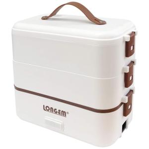 Marmita Elétrica Portátil 1L com Camadas Duplas de Aço Inoxidável, Compartimentos Removíveis e Colher, 110V 300W, Longem, Branca