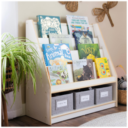 Estante infantil Guidecraft EdQ Book and Bin Display branca em madeira com prateleiras inclinadas e 3 caixas de tecido para livros