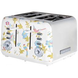 Torradeira 4 Fatias em Aço Inox Laura Ashley Branco com estampa floral Elveden, Slots Largos, 7 Níveis, Funções Descongelar, Reaquecer