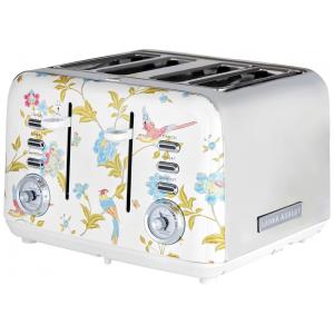 Torradeira 4 Fatias em Aço Inox Laura Ashley Branco com estampa floral Elveden, Slots Largos, 7 Níveis, Funções Descongelar, Reaquecer