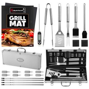 Kit Churrasco na Grelha 23 Peças de Aço Inoxidável, Termômetro e 2 Tapetes com Estojo de zenamento, ROMANTICIST XINGTAI S20 B01 2, Prateado