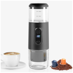 Mini Máquina de Café Portátil 2 em 1, 15 Bar com Display LCD e Prepara até 100 Xícaras para Viagens, Acampamento e Casa, 5W
