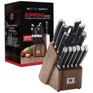 Conjunto de Facas em Aço Inoxidável com Afiador Embutido e Bloco de Bancada 15 Peças, MASTER MAISON, Preto