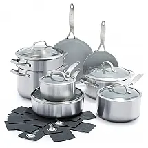 Jogo de Panelas GreenPan Venice Pro 13 Peças Aço Inox Tri-ply Cerâmica Antiaderente Livre de PFAS Indução Prata
