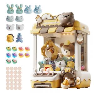 Máquina de Garra Amarela e Marrom – Mini Arcade Infantil com Luzes LED, Som Ajustável e Brinquedos