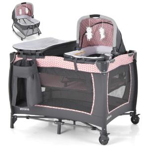 Berço Cercado Portátil com Colchão, Trocador de Fraldas, Bolsa, Brinquedos e Caixa de Música, INFANS, Rosa