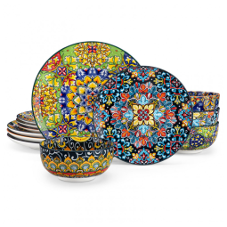 Conjunto de Louças Vancasso 12 Peças, Pratos e Tigelas, Porcelana para 4 Pessoas, Resistente a Micro-ondas e Lava-louças, Estilo Boêmio