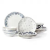 Aparelho de Jantar Lenox Blue Bay 12 Peças Porcelana Azul Padrão Ikat Serviço para 4
