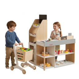 Super de Brinquedo Realista com Carrinho e Caixa em Madeira para Crianças de 3 Anos ou Mais, Costzon