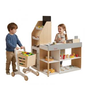 Super de Brinquedo Realista com Carrinho e Caixa em Madeira para Crianças de 3 Anos ou Mais, Costzon