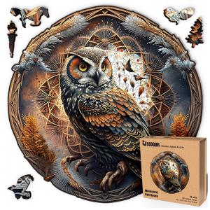 Quebra Cabeças em Madeira MDF para Adultos, Tema Coruja com 500 Peças, LEOGOR, Preto e Marrom