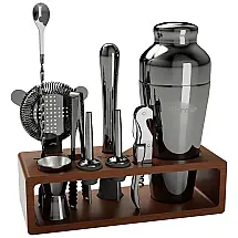 Kit Bartender Profissional 10 Peças em Aço Inoxidável com Suporte de Bambu, Baraiso, Preto