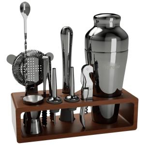Kit Bartender Profissional 10 Peças em Aço Inoxidável com Suporte de Bambu, Baraiso, Preto