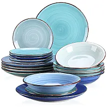 Aparelho de Jantar com 18 Peças Incluindo Pratos de Sobremesa, Fundo e Raso Pintado a Mão, Vancasso, Azul