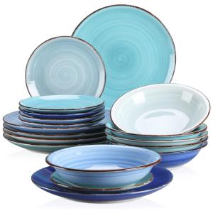 Aparelho de Jantar com 18 Peças Incluindo Pratos de Sobremesa, Fundo e Raso Pintado a Mão, Vancasso, Azul