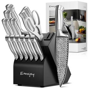 Conjunto de Facas com Afiador Embutido e Bloco de Bancada 15 Peças, EMOJOY, Azul