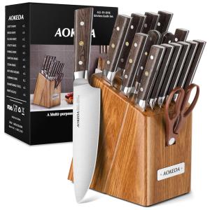 Conjunto de Facas em Aço Inoxidável com Bloco de Bancada, 6 Peças, AOKEDA, Marrom