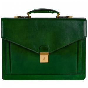 Bolsa Carteiro Masculina de Couro Artesanal Italiano para Laptop com 15 Polegadas e Fecho em Zíper, Time Resistance, Verde