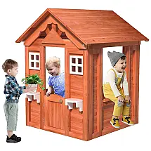 Casinha Infantil de Madeira para Área Externa com Janelas, Porta de Entrada Estilo Country e Suportes para Vasos de Flores, CUANBOZAM