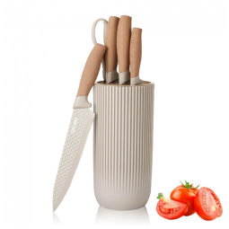 Conjunto de Facas com Bloco de Bancada e Cabo Ergonômico, 6 Peças, Wiztoynia, Marrom Claro