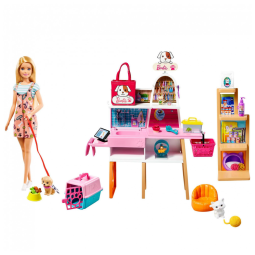 Boneca Barbie Pet Boutique com 4 Animais de Estimação, Recurso de Mudança de Cor e 20 Acessórios Temáticos