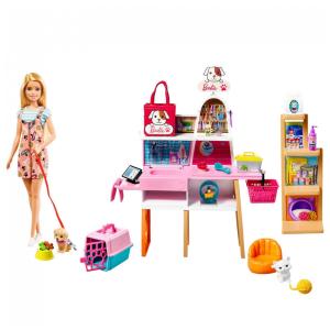 Boneca Barbie Pet Boutique com 4 Animais de Estimação, Recurso de Mudança de Cor e 20 Acessórios Temáticos