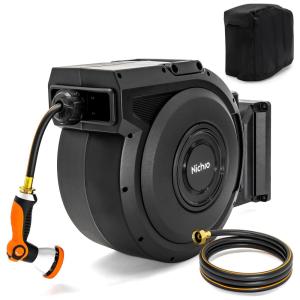 Mangueira de Jadim 30M com Enrolador Retrátil, Tampa e Bico Pulverizador de 10 Padrões, Nichro, Preta