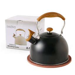 Chaleira de Chá LONFFERY 2.5 Litros em Aço Inoxidável com Apito e Alça Dobrável, Preta