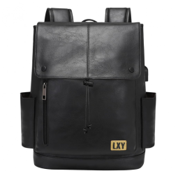 Mochila Unissex de Couro Sintético para Laptop e Porta Carregamento USB, LXY, Preta