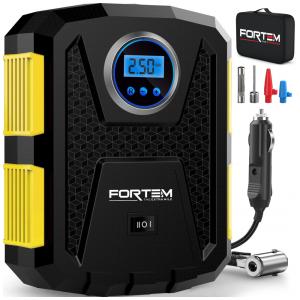 Compressor de Ar com Fio Portátil 150 PSI Recarregável com Tela LED e Desligamento Automático, 12V, FORTEM, Amarelo