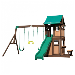 Balanços Backyard Discovery Lakewood em Madeira Cedro, Deck Superior Coberto com Janela Branca, Escorregador com Trilhos, Forte Inferior