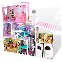 Casa de Bonecas em Madeira com Móveis e 3 Andares para Crianças Acima de 3 Anos, WOODENFUN, Branca e Rosa