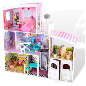 Casa de Bonecas em Madeira com Móveis e 3 Andares para Crianças Acima de 3 Anos, WOODENFUN, Branca e Rosa