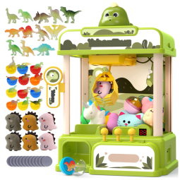 Skirfy Máquina de Garra Dinossauro Eletrônica para Crianças com 34 Brinquedos e Sons, Dispensador de Doces Verde