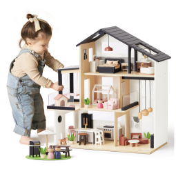 Casa de Bonecas Moderna de Madeira com Móveis de 53 Peças e Design Realista para Crianças de 3 a 12 Anos, Tiny Land, Branca