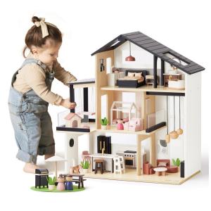 Casa de Bonecas Moderna de Madeira com Móveis de 53 Peças e Design Realista para Crianças de 3 a 12 Anos, Tiny Land, Branca