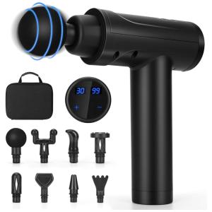 Massageador Pistola Elétrico Profissional Sem Fio 8 Acessórios 30 Velocidades 3200 RPM, RELUKS, Preto