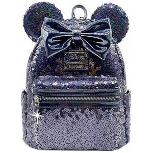 Mini Mochila Escolar Infantil Loungefly Minnie Mouse para Crianças, Lantejoulas Preta