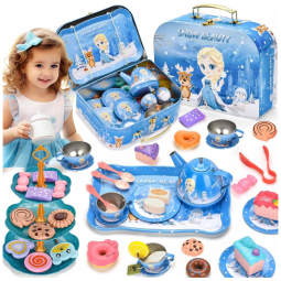 Jogo de Chá Infantil em Lata 52 Peças com Tema de Elsa Princesa e Maleta de Transporte para Crianças Acima de 3 Anos, Lajeje, Rosa