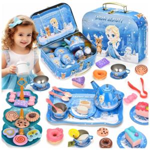 Jogo de Chá Infantil em Lata 52 Peças com Tema de Elsa Princesa e Maleta de Transporte para Crianças Acima de 3 Anos, Lajeje, Rosa